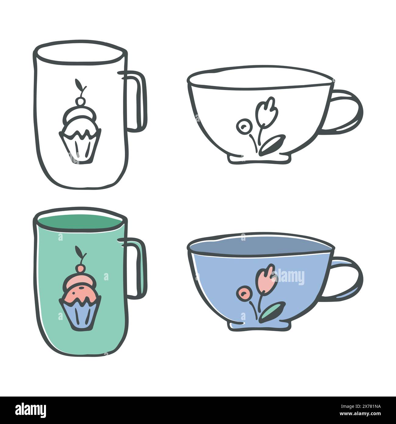 Bechersymbol Clipart Set. Doodle Icon Kit, handgezeichnete dekorative Strichlinie, schwarze Skizzenkontur, Kontur, pastellfarbenes Design mit flachem Zeichentrick. Verschiedene Stock Vektor