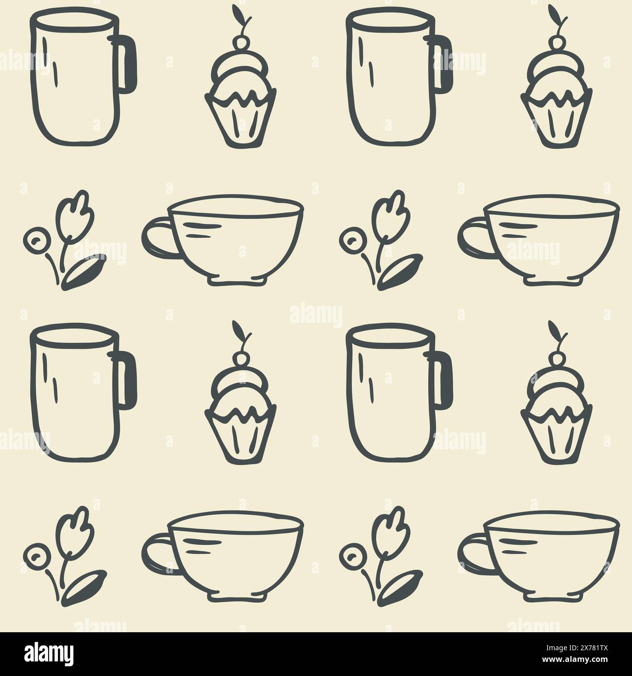 Teetasse, nahtloses Dessert-Muster. Kritzelkontur Symbole handgezeichnete dekorative Strichlinie, schwarze Skizzenkontur. Niedliche verschiedene isolierte Elemente. Weiß Stock Vektor