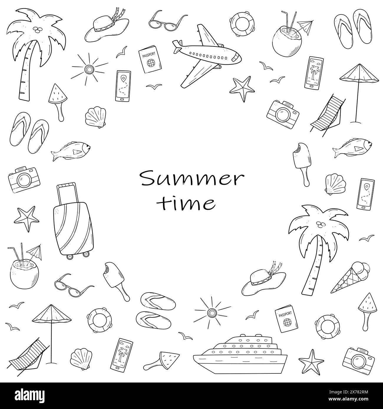 Set mit Symbolen im Stil der Sommerreise. Vektor-Illustration der Elemente des Tourismus und der Strandferien. Stockfoto