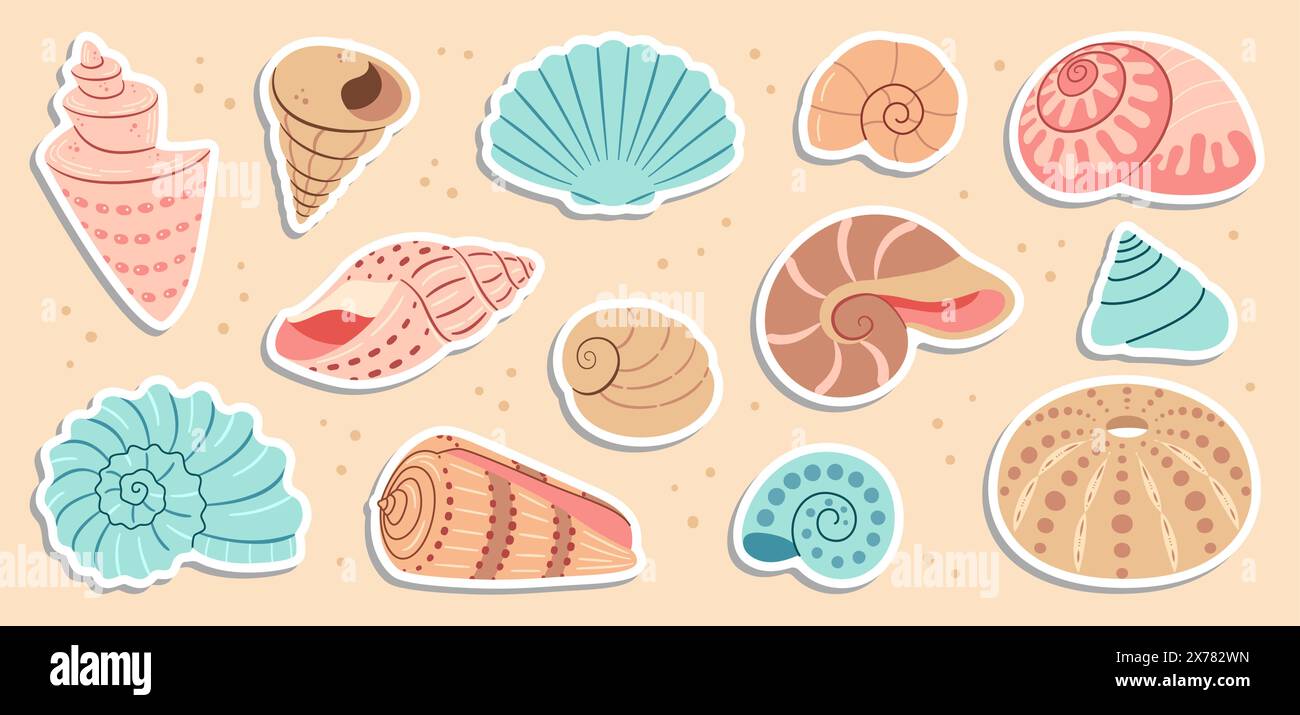 Niedliches Muschelaufkleber-Set. Trendige Muschelkollektion im flachen Stil. Meer Unterwasserbecken Muschelmuscheln Muscheln Wassermollusk. Handgezeichnete Spiralschnecke, Meerestiere. Vektorabbildung Stock Vektor