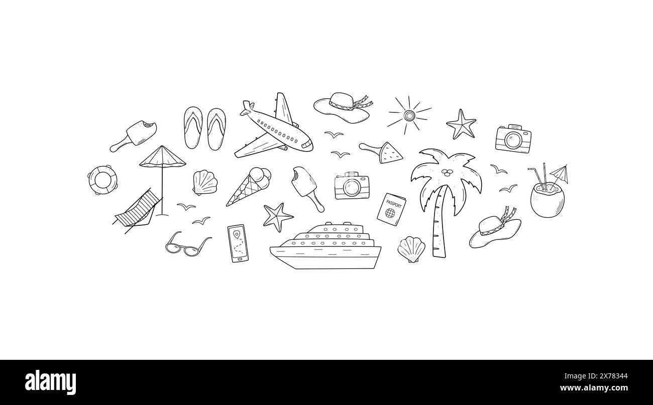 Set mit Symbolen im Stil der Sommerreise. Vektor-Illustration der Elemente des Tourismus und der Strandferien. Stockfoto