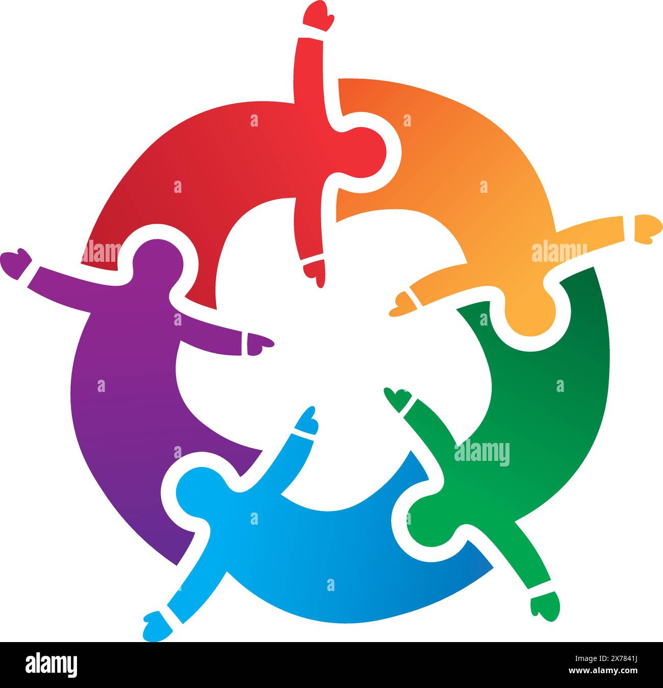 Regenbogenfarbene Puzzleteile, geformt als Menschen, die ein Symbol der Einheit bilden Stock Vektor