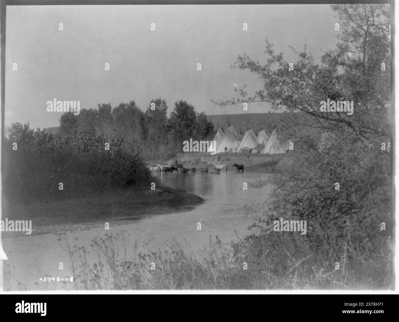 Auf das kleine große Horn, Curtis 2748–08., ist Teil von: Edward S. Curtis Collection ., veröffentlicht in: The North American Indian / Edward S. Curtis. Edward S. Curtis, 1907-30, Suppl., v. 4, pl. 114.. Indianer von Nordamerika, Montana, 1900-1910. , Crow Indians, 1900-1910. Pferde, Montana, 1900-1910. Indianerlager, Montana, 1900-1910. , Tipis, Montana, 1900-1910. , Little Bighorn River (Wyo. & Mont.), 1900-1910. Stockfoto