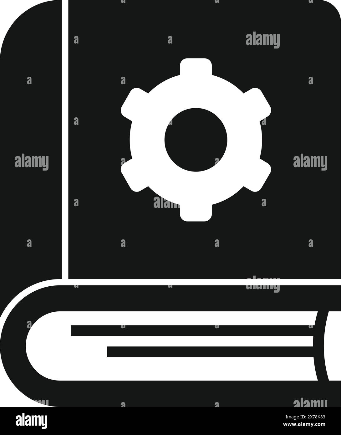 Vektorsymbol des Technischen Handbuchs mit Zahnradsymbol für Technikanweisungen und -Anleitungen. Schwarz-weiß-Design zur technischen Illustration von Maschinenlernen und -Referenz Stock Vektor