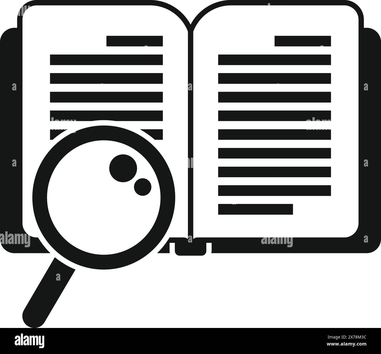 Ein schwarz-weißes Symbol mit einer Lupe über einem offenen Buch, das Forschung und Untersuchung symbolisiert Stock Vektor
