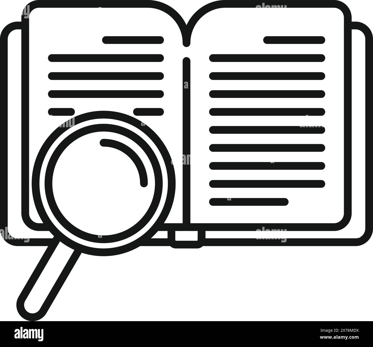 Schwarze Strichgrafik eines offenen Buches mit einer Lupe, die Forschung und Studium symbolisiert Stock Vektor