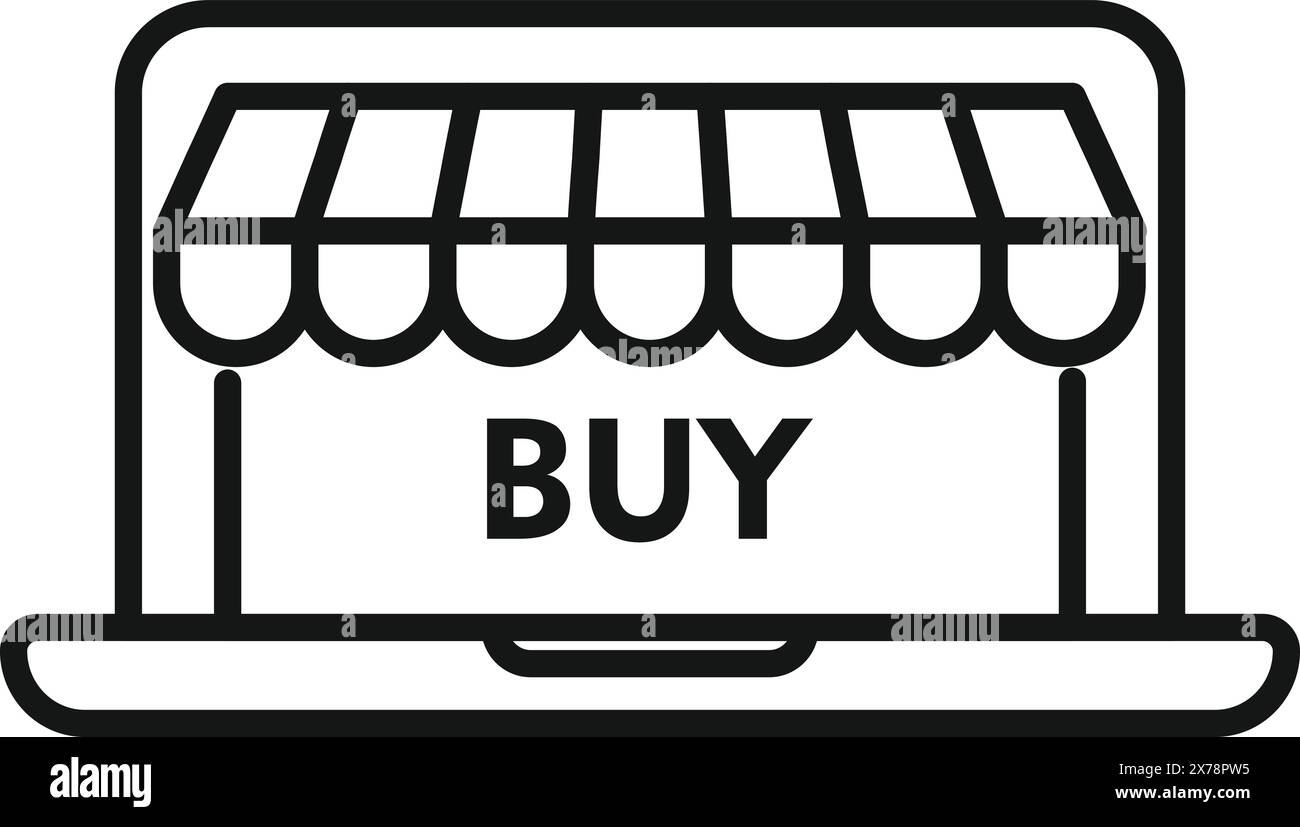 Schwarz-weiße Strichgrafik-Symbol mit einem Laptop mit Markise und Kaufschild, das E-Commerce symbolisiert Stock Vektor