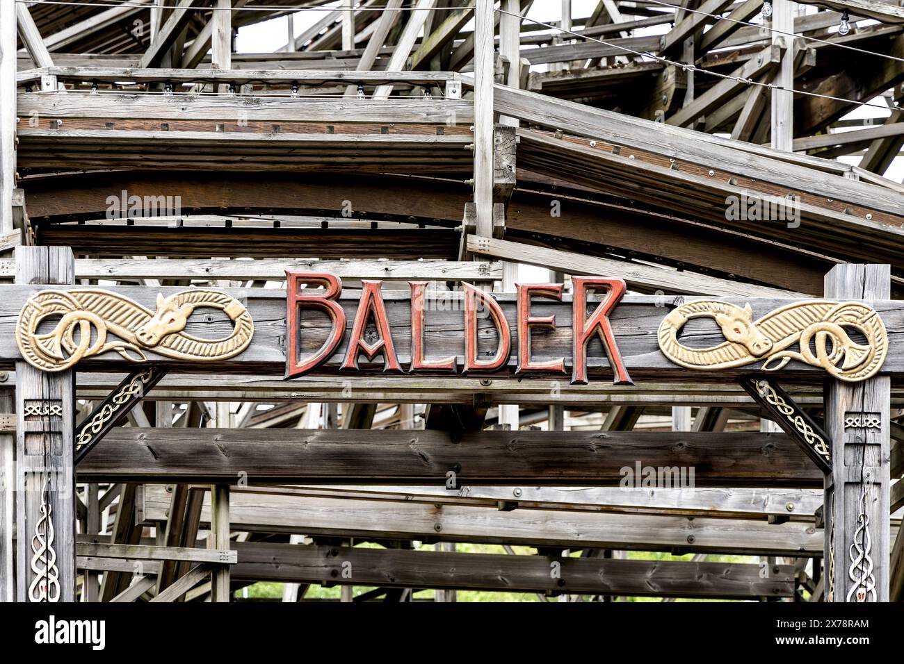 Schild für Balder Holzachterbahn im Liseberg Vergnügungspark, Göteborg, Schweden Stockfoto