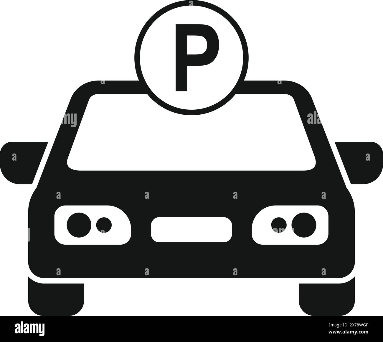 Vereinfachtes schwarz-weißes Vektorsymbol, das ein Auto mit einem Parkschild oben zeigt Stock Vektor