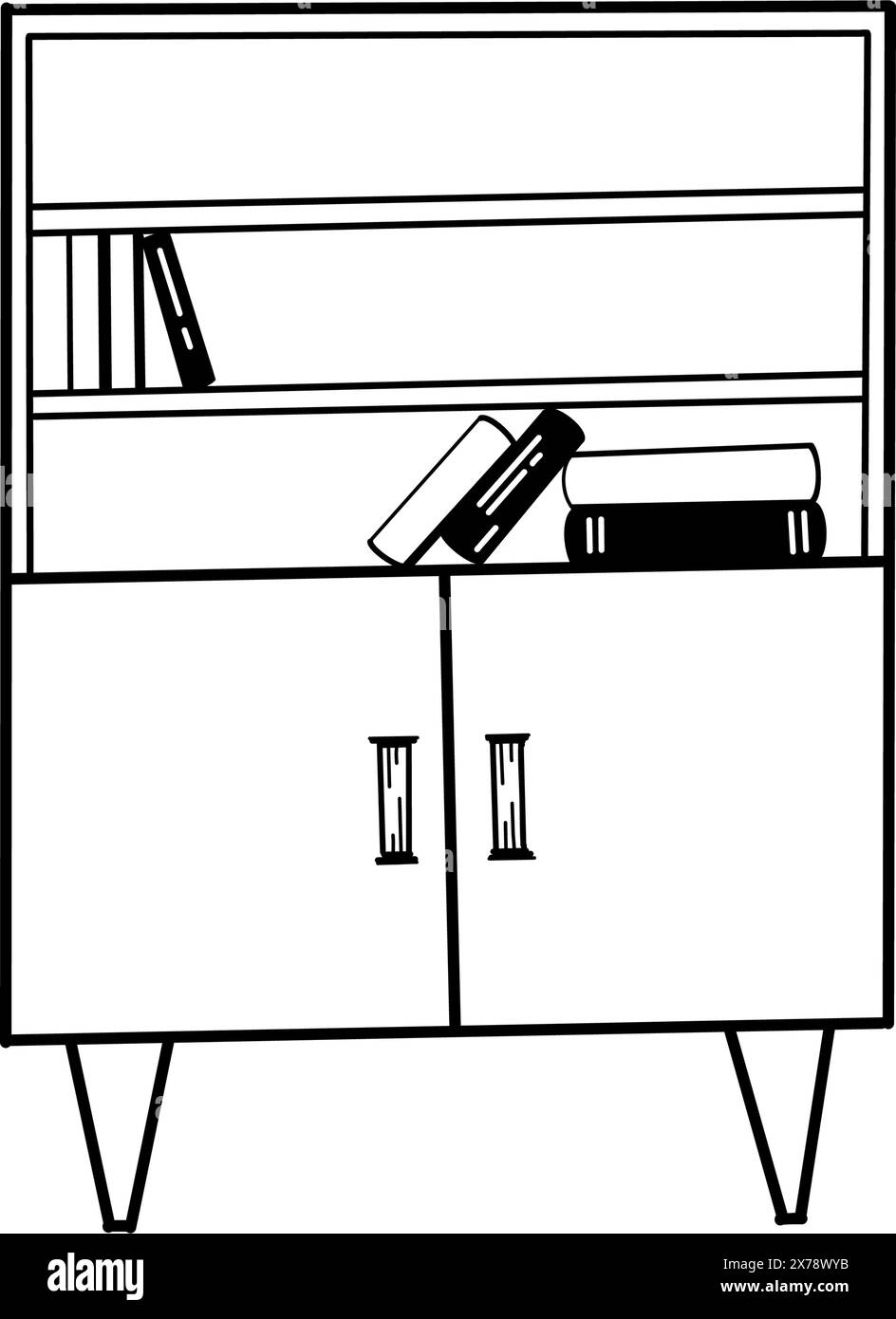Möbel, Innenausstattung. Bücherregal mit Beinen und Schubladen, Bücher auf Regalen. In Vektor mit schwarzer Umrandung auf weißem Hintergrund gezeichnet. Stock Vektor Möbel, Innenausstattung. Bücherregal mit Beinen und Schubladen, Bücher auf Regalen. In Vektor mit schwarzer Umrandung auf weißem Hintergrund gezeichnet. Stock Vektor
