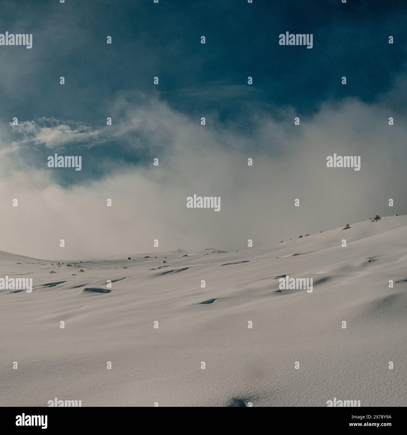 Eine ruhige Winterlandschaft in Myrdalsjokull, Island, mit einer weiten, schneebedeckten Fläche unter einem klaren blauen Himmel mit schroffen Wolken. Stockfoto