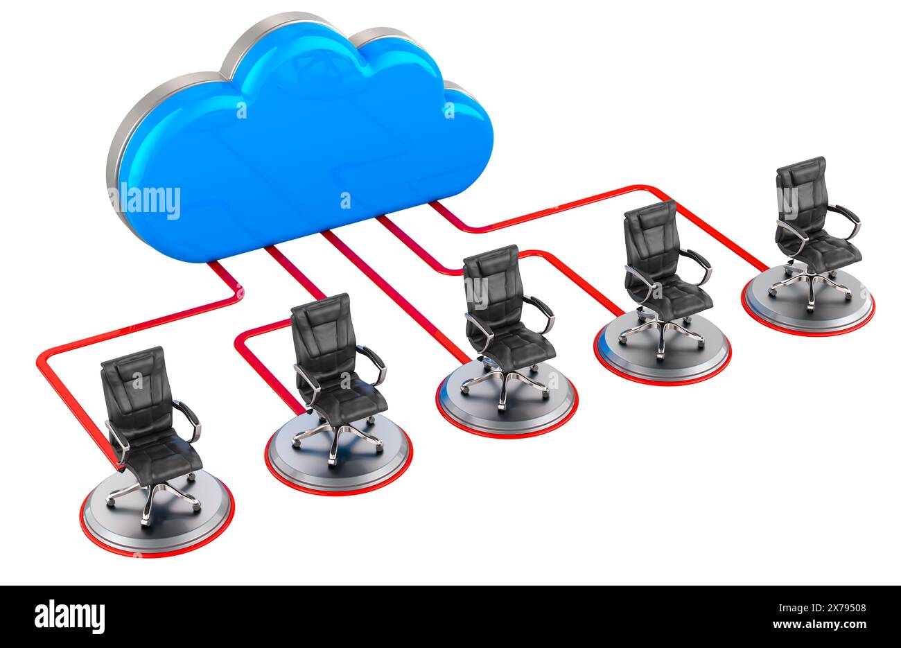 Computer Cloud mit Bürostühlen. Internetanschlusskonzept. 3D-Rendering isoliert auf weißem Hintergrund Stockfoto