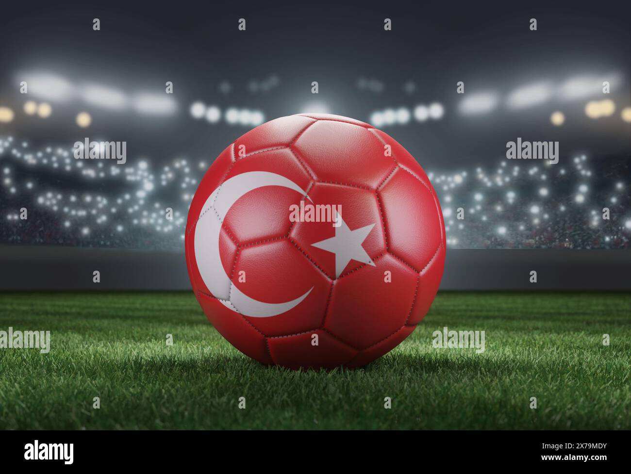 Fußball in Fahnenfarben auf einem hellen, unscharfen Stadionhintergrund. Türkei. 3D-Bild Stockfoto