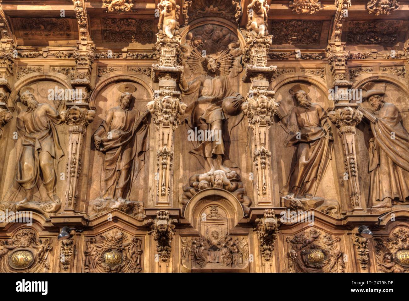 Geschnitzte Holzbilder, Chor, neue Kathedrale von Salamanca, Salamanca, UNESCO-Weltkulturerbe, Spanien Stockfoto