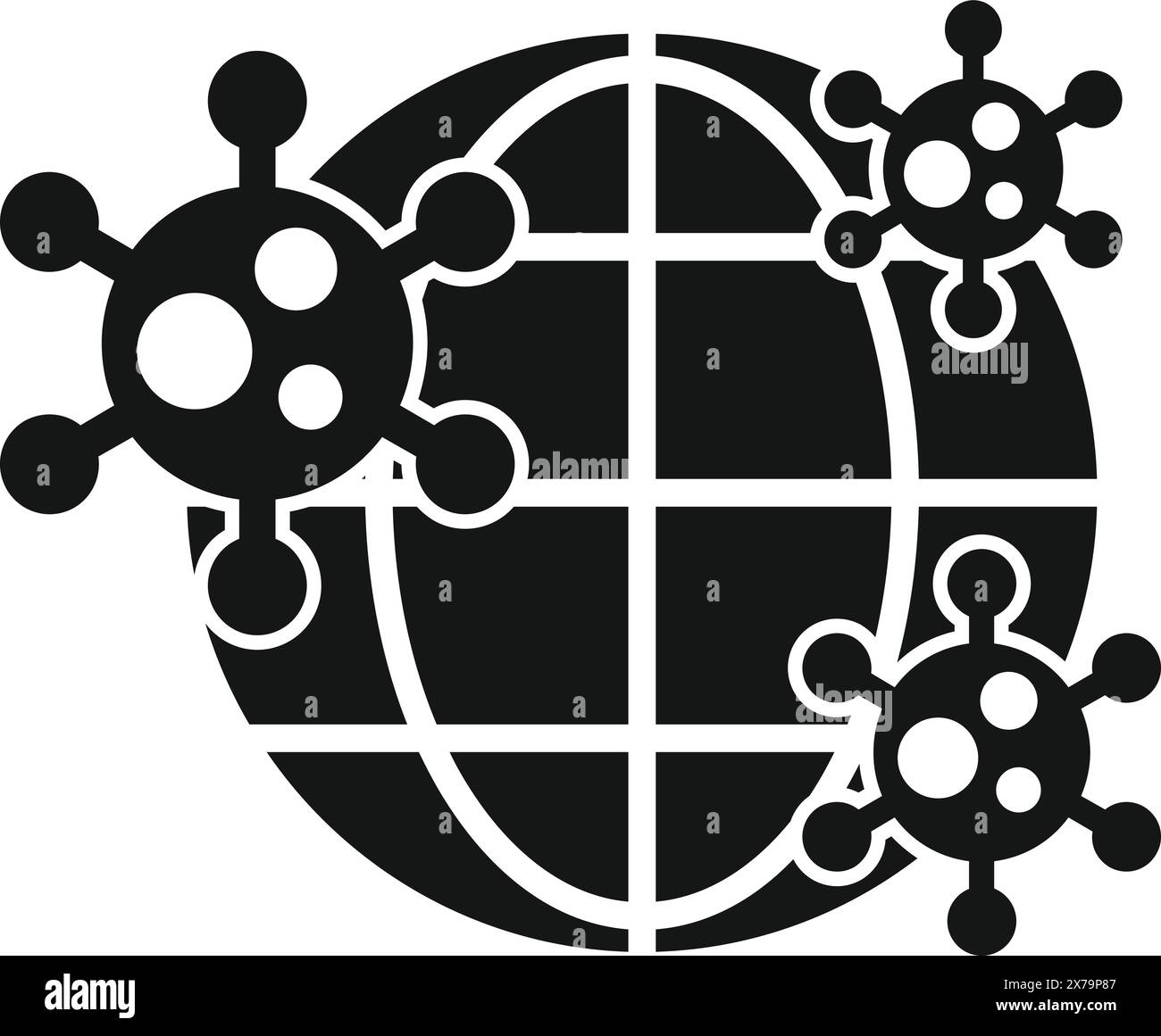 Illustriertes weltweites Pandemiekonzept-Symbol mit Virus-, Krankheit-, Ausbruch- und Epidemiesymbol in Schwarz-weiß Stock Vektor