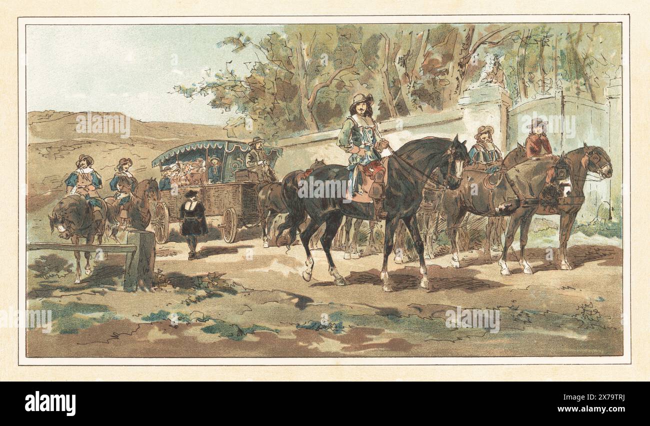 Eine fleißige, überdachte Postkutsche oder Postkutsche, die für lange Reisen mit Eskorte bewaffneter kavaliere verwendet wird. Herrschaft der Erzherzöge Albert und Isabella, spanische Niederlande, 17. Jahrhundert. Diligence avec Son escorte. Règne des archiducs Albert et Isabelle, 17ème siècle. Diligence avec Son escorte. Chromolithographie nach einer Illustration von Armand Jean Heins aus Edmond Cattiers Cortege Historique des Moyens de Transport, Historical Cortege of Modes of Transport, Libraire universelle de Veuve J. Rozez, Brüssel, 1886. Stockfoto