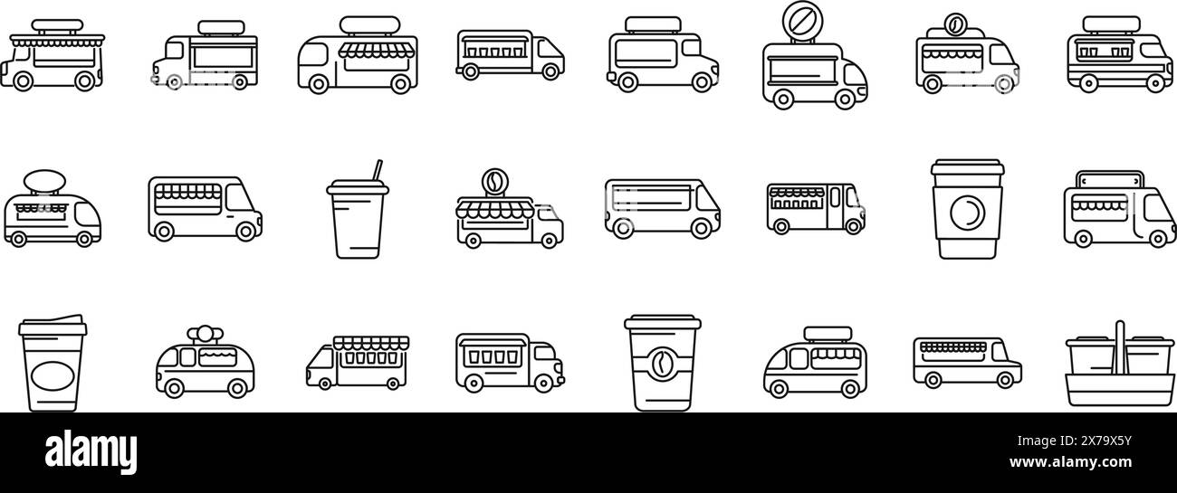Coffee Truck Café Konturvektorsymbole. Eine Sammlung von Food Trucks und Fahrzeugen. Zu den Fahrzeugen gehören ein LKW mit einem Becher, ein LKW mit einem Becher darauf, ein LKW mit einem Becher darauf, ein LKW mit einem Becher darauf Stock Vektor