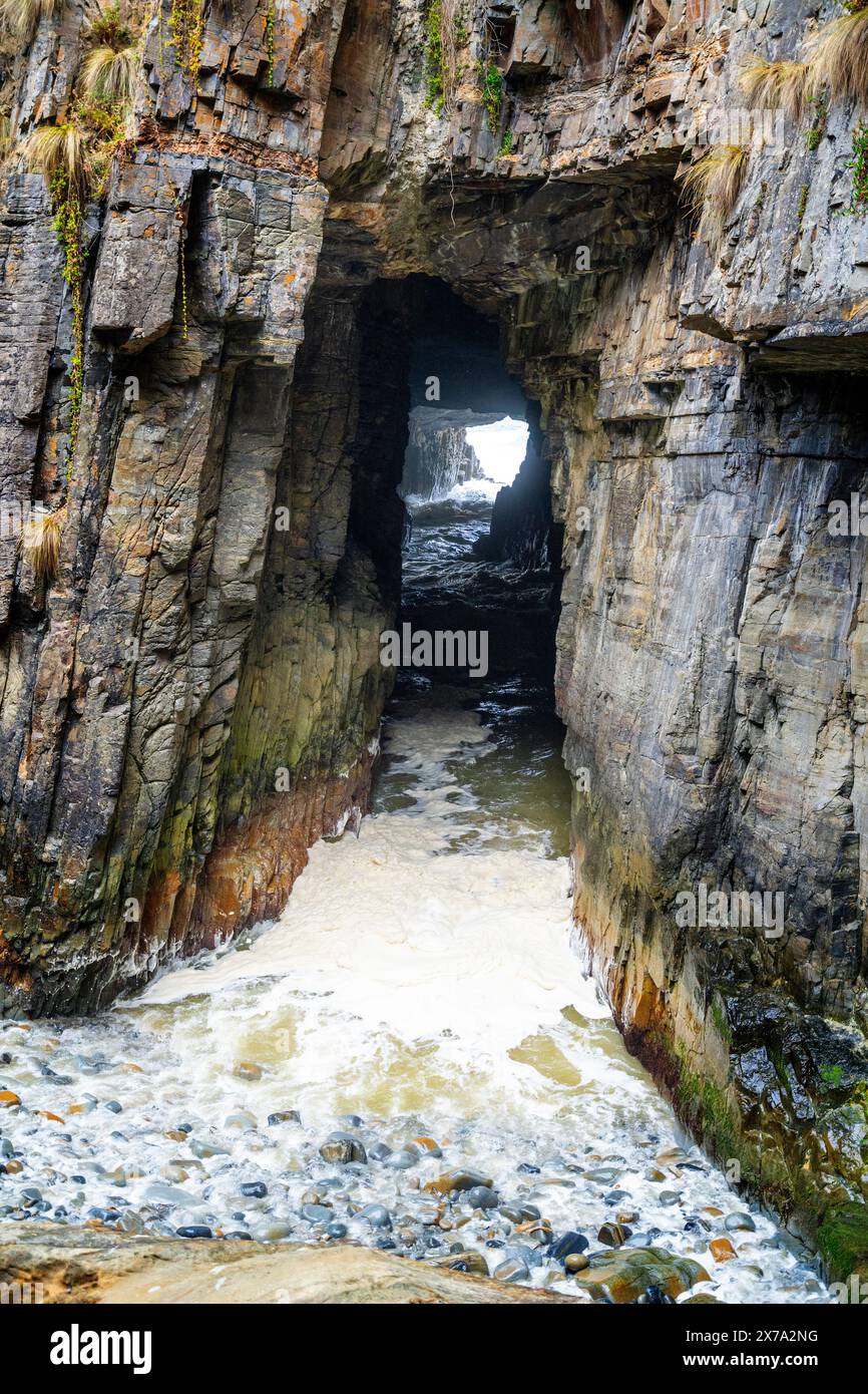 Der Ozean rauscht durch die enge Schlucht der bemerkenswerten Höhle, Maingon Bay, Tasmanische Halbinsel Tasmanien Stockfoto
