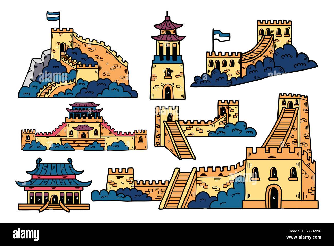 Eine Illustration chinesischer Gebäude und der Chinesischen Mauer, handgezeichnet im Linienstil. Stock Vektor