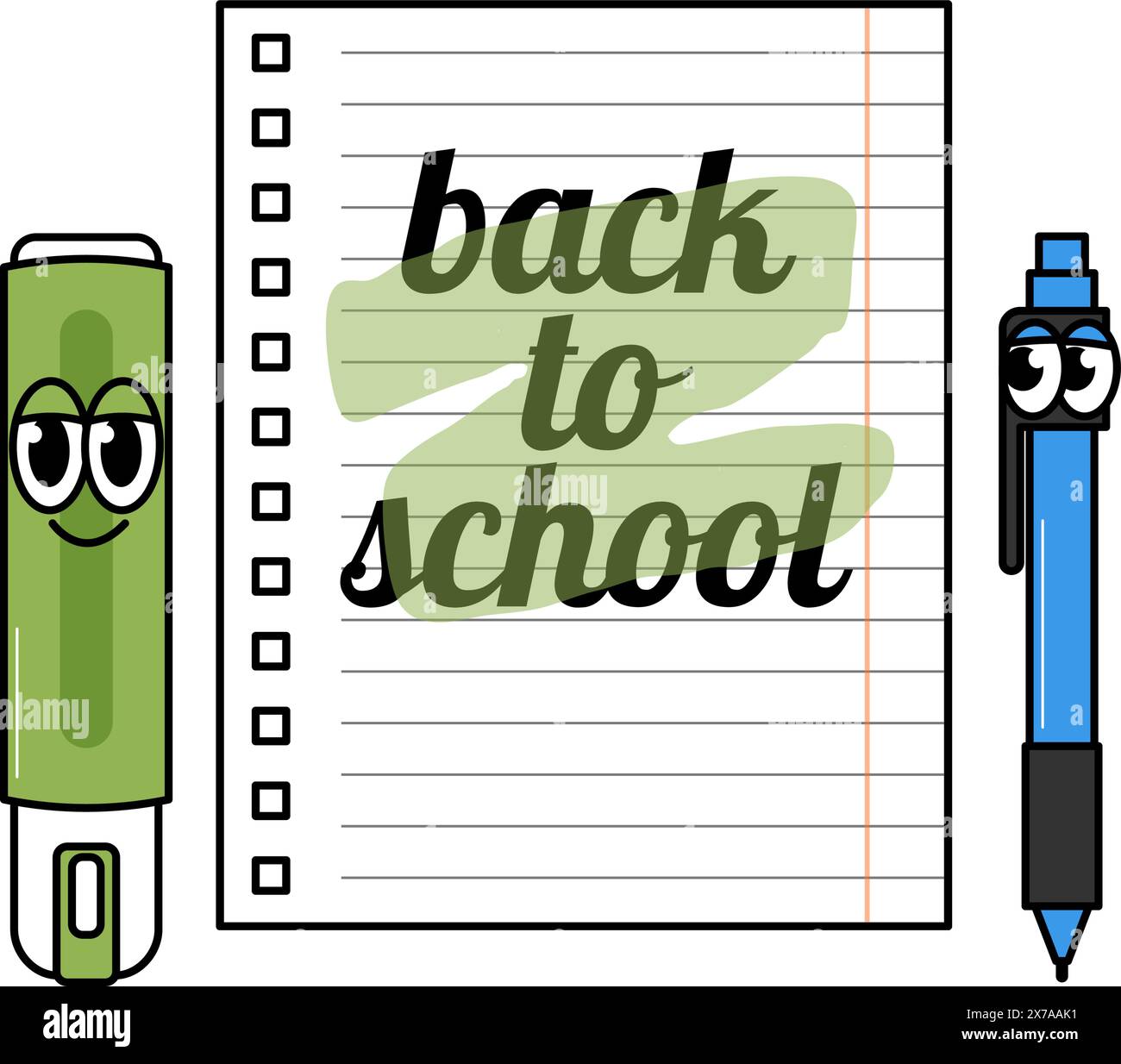 Zurück zur Schule seltsamer Charakter. Grooviges Blatt Papier mit Beschriftung, Marker und Stift mit niedlichen Gesichtern. Zeitgenössische Vektorillustration Stock Vektor