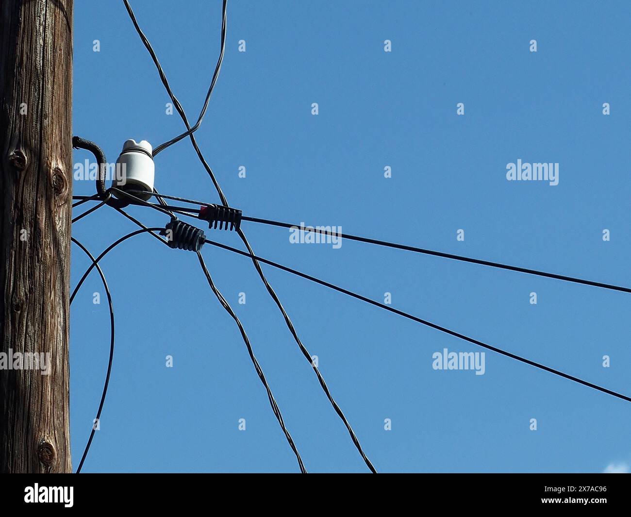 Elektrische Leitungen an einem Holzmast befestigen. Stockfoto