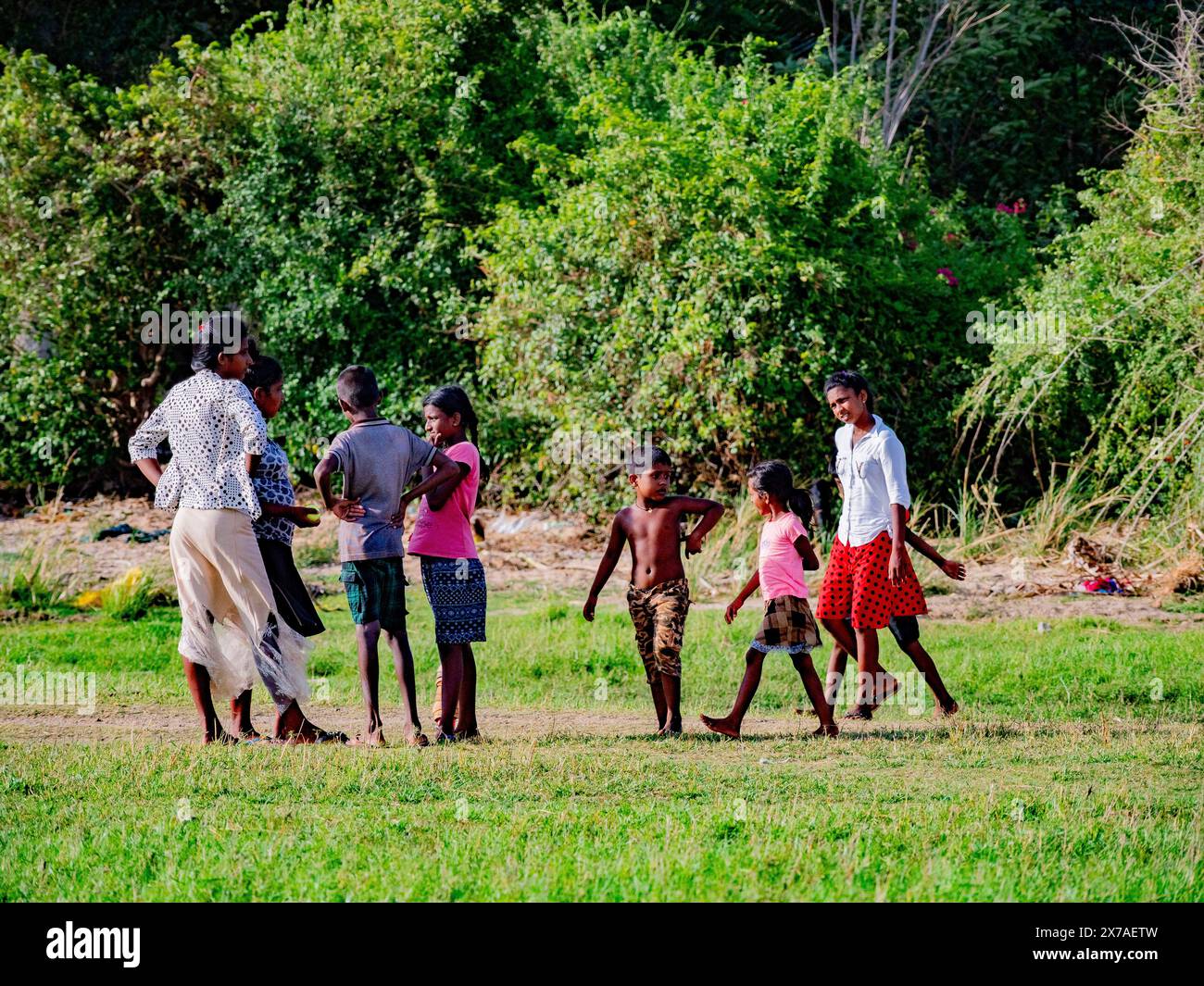 Kinder spielen an einem sonnigen Tag im Freien in einem Dorf in Polonnaruwa Sri Lanka Stockfoto