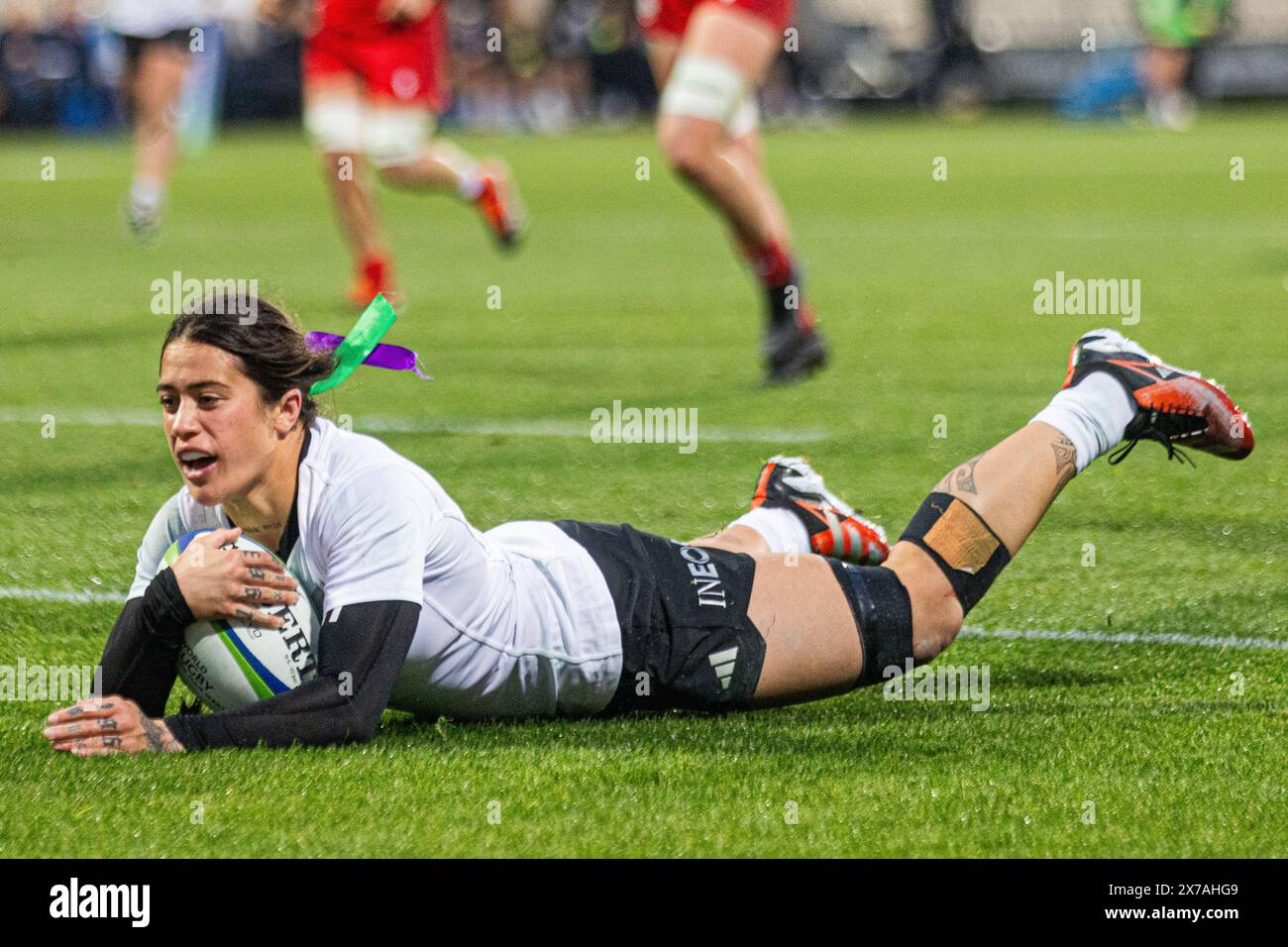 Christchurch, Neuseeland, 19. Mai 2024. Katelyn Vahaakolo aus Neuseeland erzielte ihren zweiten Versuch während der Pacific Four Series 2024 im Apollo Projects Stadium von Christchurch. Quelle: James Foy/Alamy Live News Stockfoto Christchurch, Neuseeland, 19. Mai 2024. Katelyn Vahaakolo aus Neuseeland erzielte ihren zweiten Versuch während der Pacific Four Series 2024 im Apollo Projects Stadium von Christchurch. Quelle: James Foy/Alamy Live News Stockfoto