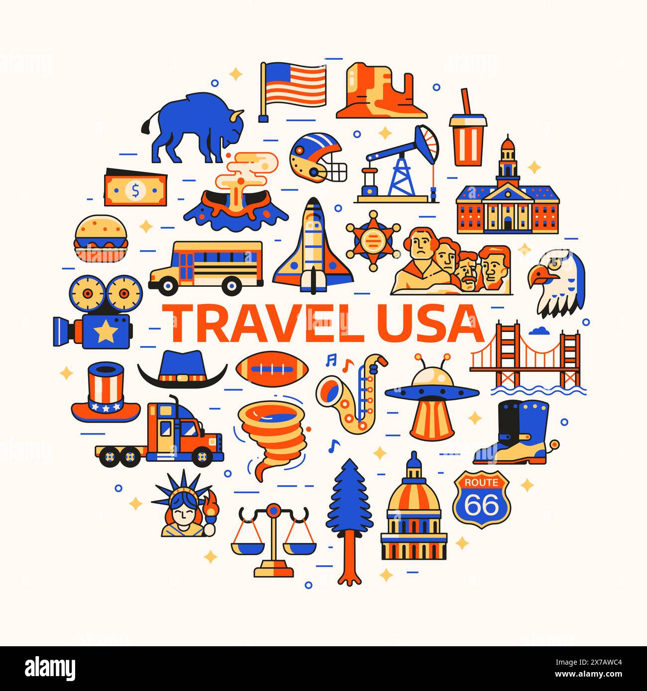 Travel USA Circle Print mit America Icons Stock Vektor