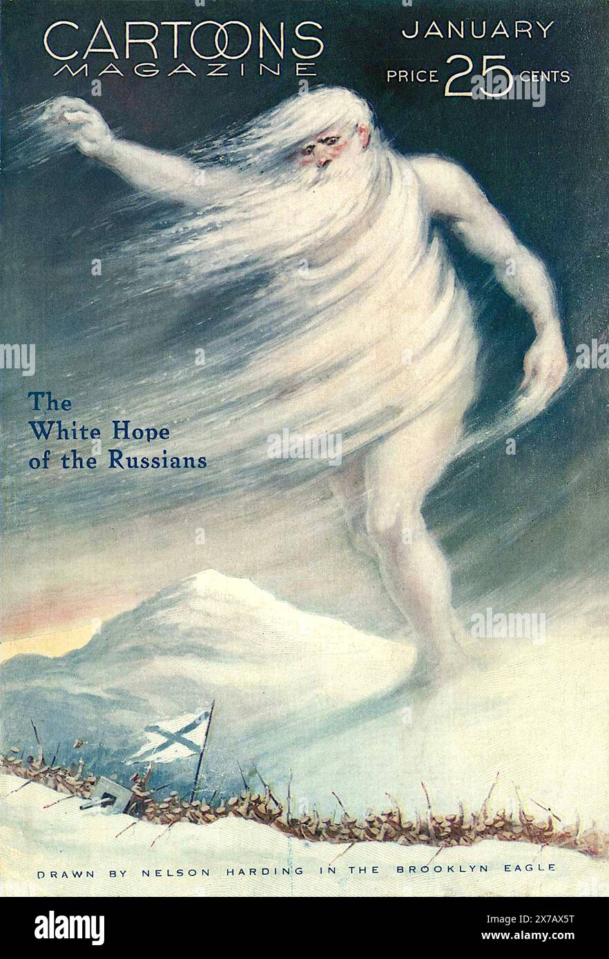 Nelson Harding - die Weiße Hoffnung der Russen. Ein Cartoon aus der Zeit des Ersten Weltkriegs, der das russische Stereotype des Winters verwendet – Januar 1916 Stockfoto