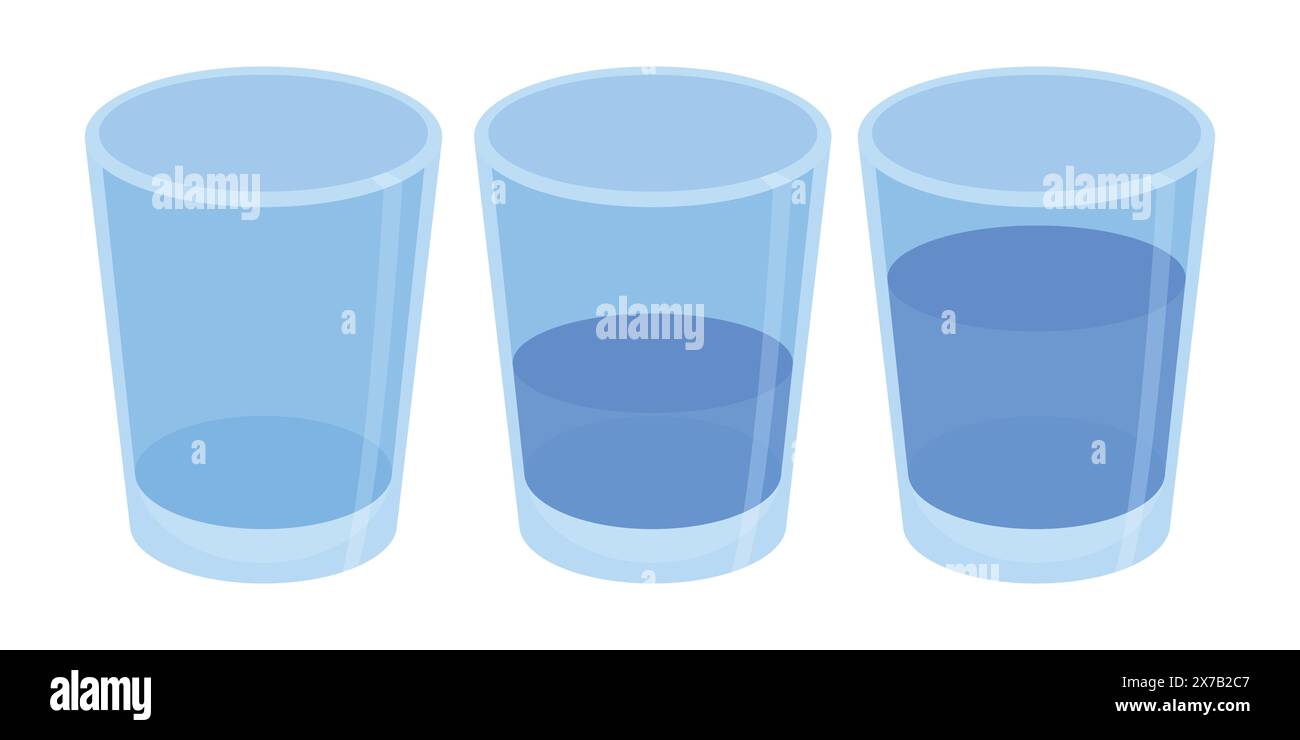 Symbolsatz „voll“, „Halb“ und „Leere Glas Wasser“. Wasser trinken Glas Vektorset. Wasserglas. Wassersymbole Stock Vektor