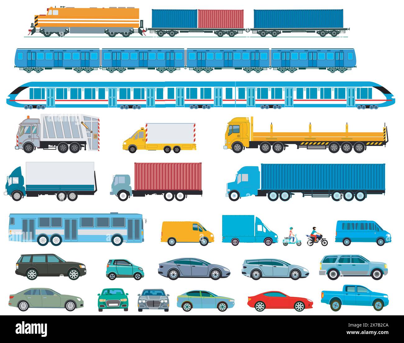 Sammlung von LKWs und Autos, Zügen, Bussen und Transportern, isoliert geschnitten, Illustration Stock Vektor