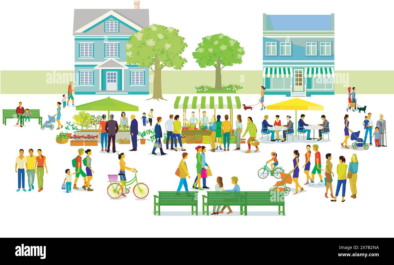 Stadtsilhouette mit Gruppen von Personen, die Freizeit in einem Wohnviertel haben, Illustration Stock Vektor