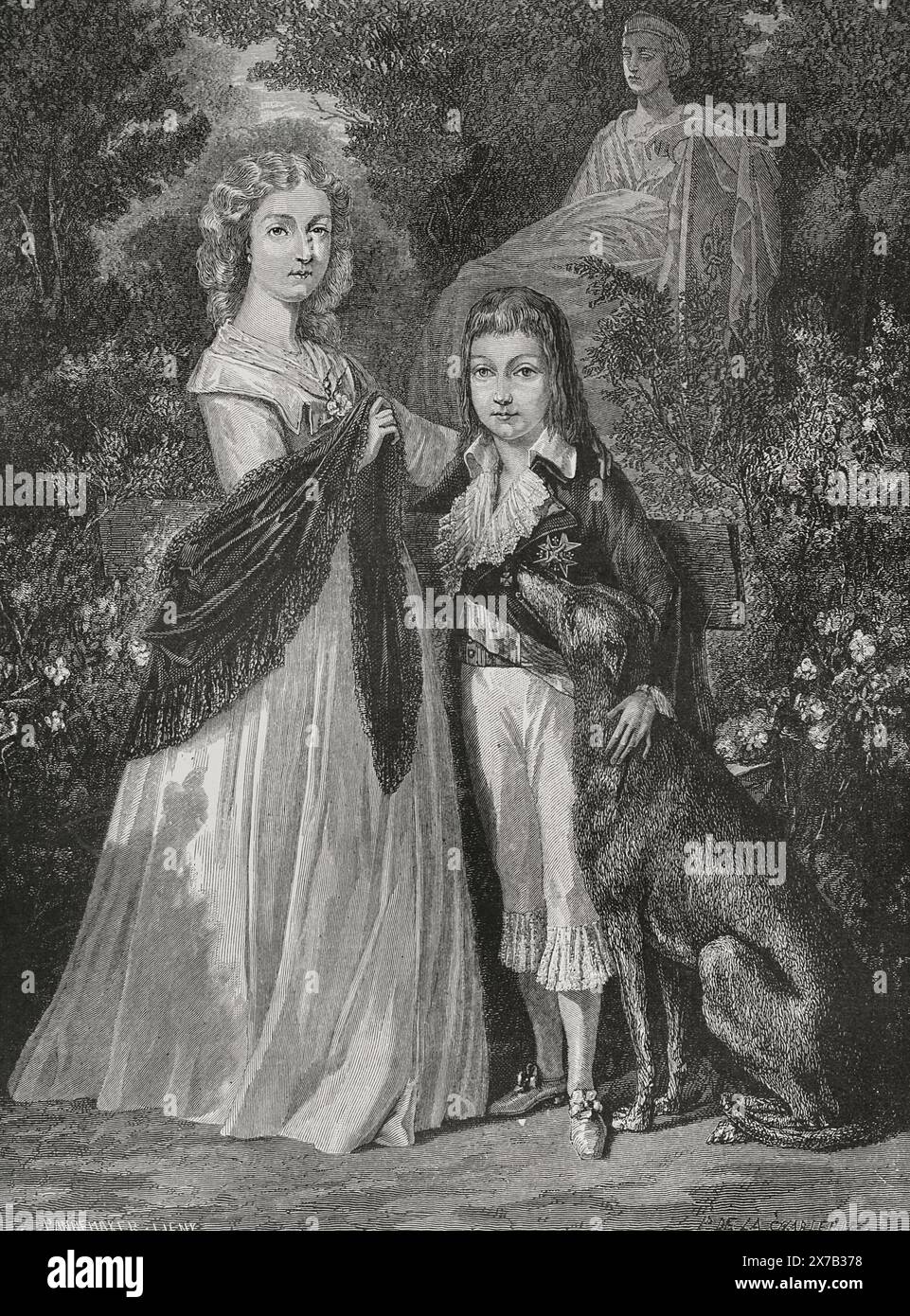 Porträt zweier Kinder Ludwigs XVI. Von Frankreich (1754–1793) und Marie-Antoinette (1755–1793): Marie-Thérèse (1778–1851), genannt Madame Royale, und Louis Charles (1785–1795), bekannt als Louis XVII. Zeichnung von Hippolyte de la Charlerie. Stich von Pannemaker. "Geschichte der Französischen Revolution". Band I, 1876. Stockfoto