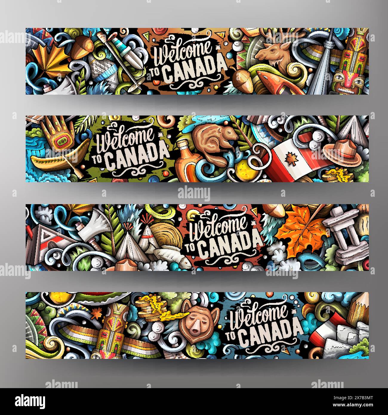 Zeichentrickvektor-Doodle-Set mit kanadischen Corporate Identity-Vorlagen. Farbenfrohe kanadische Banner Stock Vektor