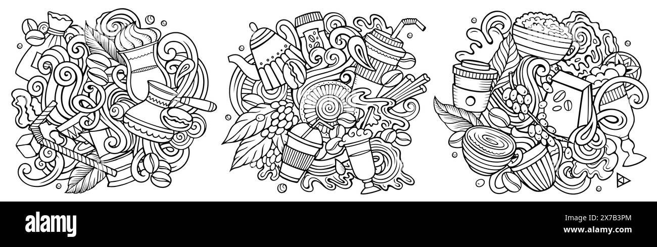 Kaffee-Karikatur-Vektor-Kritzelentwürfe Set. Skizzenhaftes, detailliertes Banner mit vielen Objekten und Symbolkompositionen. Stock Vektor