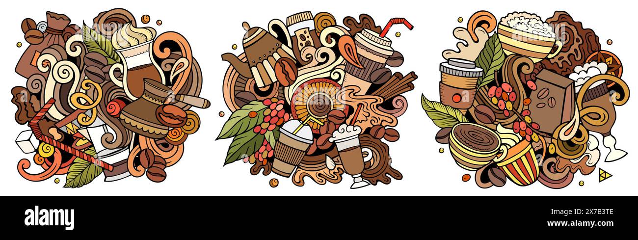 Kaffee-Karikatur-Vektor-Kritzelentwürfe Set Stock Vektor