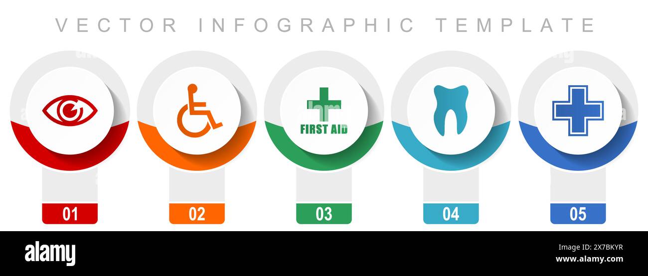 Krankenhaus-Symbolsatz, verschiedene Vektorsymbole wie Auge, Rollstuhl, erste Hilfe, Zahnarzt und Kreuz, modernes Design Infografik Vorlage, Web Buttons i Stock Vektor