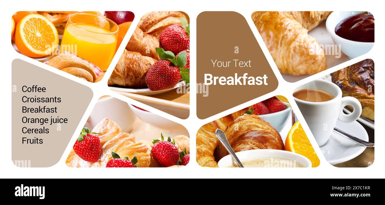 Frühstückskonzept Fotocollage. Kann für Sichtständer, Displays, Broschüren, Flyer verwendet werden Stockfoto