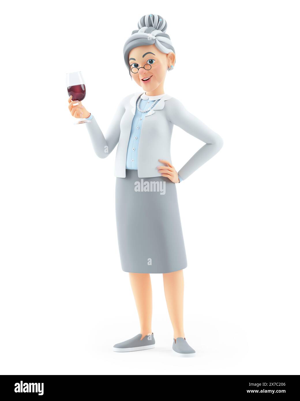 3D-Cartoon-Oma steht mit Glas Rotwein, Illustration isoliert auf weißem Hintergrund Stockfoto