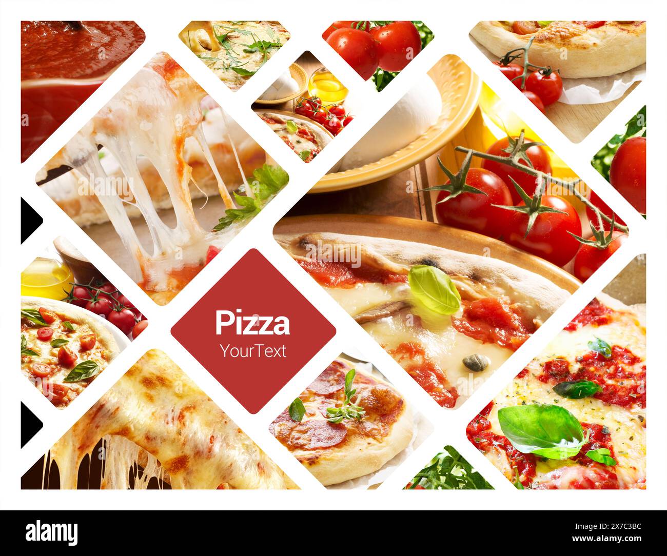 Pizzakonzept Fotocollage. Kann für Sichtständer, Displays, Broschüren, Flyer verwendet werden Stockfoto