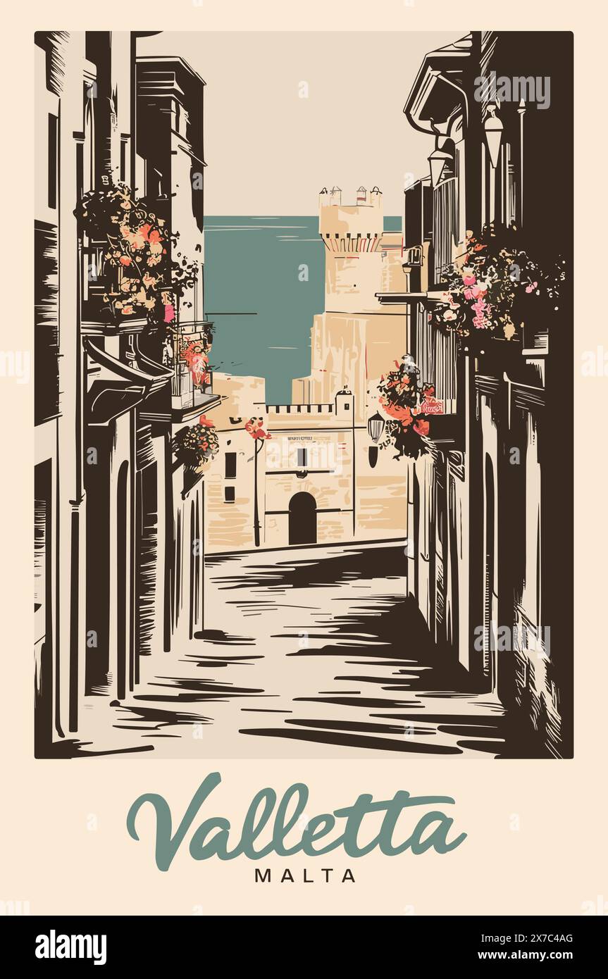 Valetta, Malta Reiseziel Poster im Retro-Stil. Stadtbild mit alten Straßen und Gebäuden. Vintage-Tuschenskizzen-Vektorzeichnung in Lithographiestät Stock Vektor