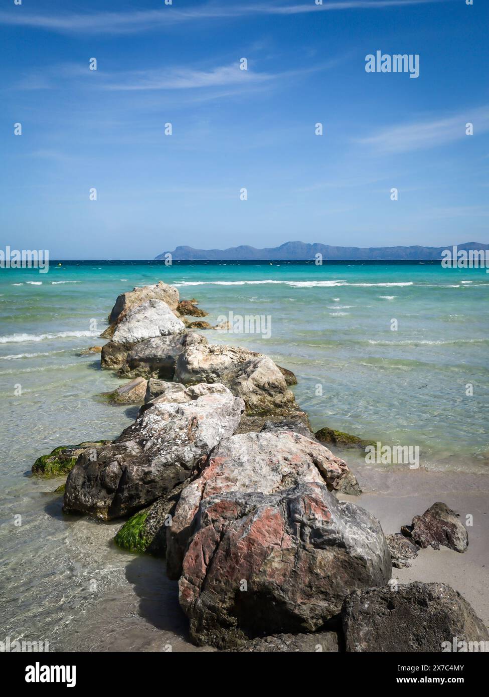 Port de Alcudia, Mallorca, Balearen, Spanien. Sandstrand mit einer Reihe von Steinen im Meer, schöne türkisfarbene Farbe des Wassers. Stockfoto