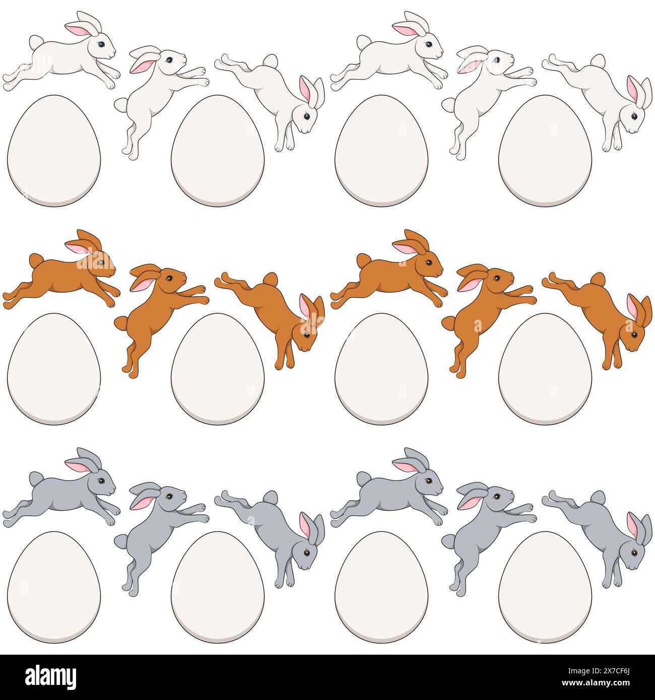 Set aus horizontalen, nahtlosen Mustern mit Osterhase und Eiern. Isolierte Vektorobjekte auf weißem Hintergrund. Stock Vektor