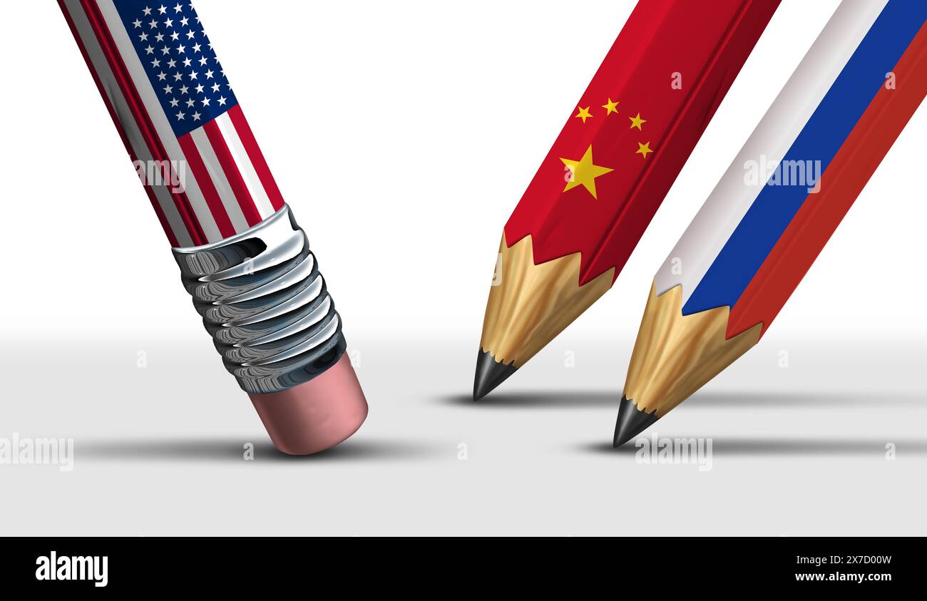China Russland USA Konflikt oder USA gegen Russland China strategische wirtschaftliche und politische Planungspartnerschaft als außenpolitische Planungskomposition Stockfoto