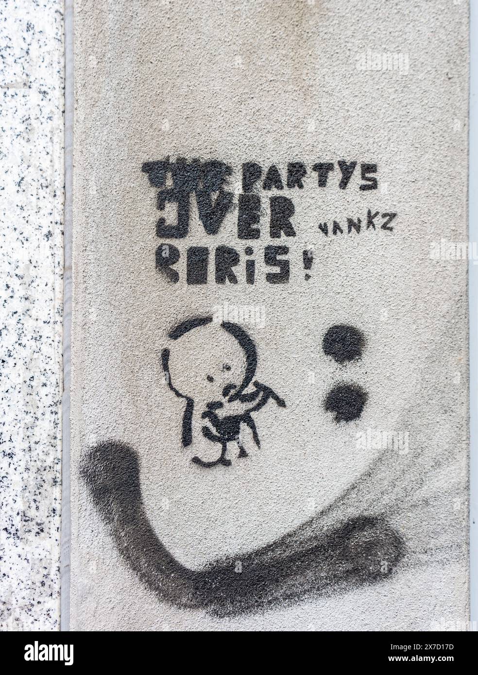 "Die Partei ist vorbei, Boris' politischer Slogan gegen Regierung/gegen Tory-Partei Graffiti an einer Wand/Fassade im Süden Englands, Großbritannien Stockfoto