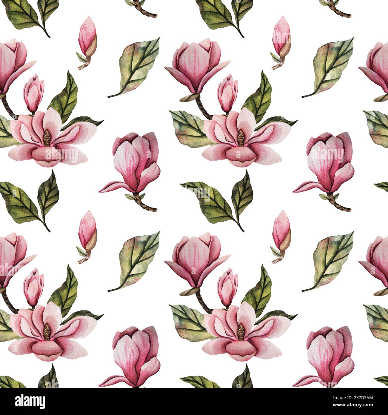 Nahtloses Muster mit Magnolienblüte. Handgezeichnete Aquarellillustration mit rosa Magnolienblüten und grünen Blättern. Illustration für Hochzeit Stockfoto