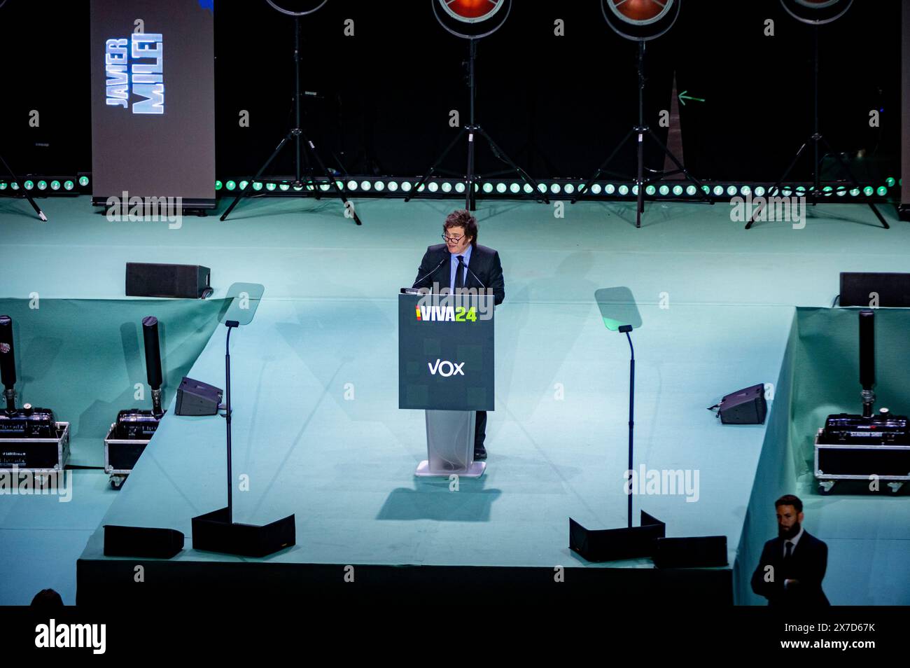 Madrid, Spanien. Mai 2024. Javier Milei, argentinischer Präsident und Anführer der argentinischen rechten Partei La Libertad Avanza, spricht während des politischen Kongresses Europa Viva 24, der von der rechtsextremen spanischen Partei VOX im Palacio de Vistalegre organisiert wurde. Quelle: SOPA Images Limited/Alamy Live News Stockfoto