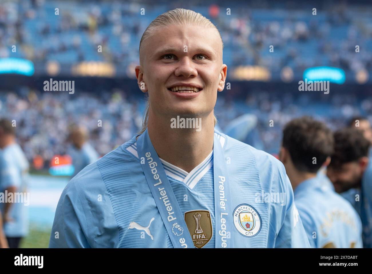 Erling Haaland von Manchester City während des Premier League-Spiels Manchester City gegen West Ham United im Etihad Stadium, Manchester, Vereinigtes Königreich, 19. Mai 2024 (Foto: Mark Cosgrove/News Images) Stockfoto