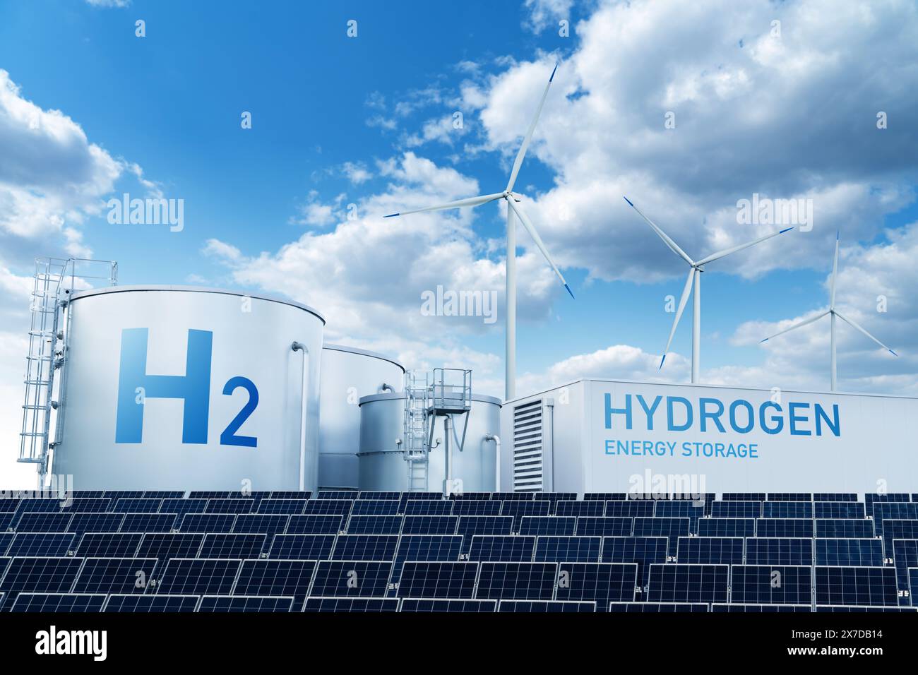 Grünes Wasserstofffabrikkonzept. Wasserstofferzeugung aus erneuerbaren Energiequellen Stockfoto
