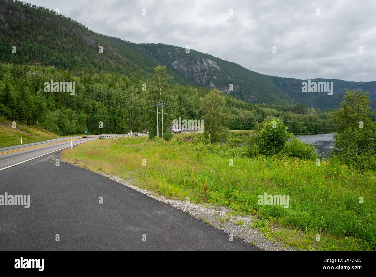 Norwegische Asphaltstraße neben einem Fluss mit grünem Gras am Ufer. Stockfoto